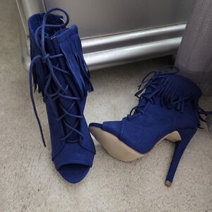 JustFab Navy Blue Fringed Lace-Up Stiletto Booties
